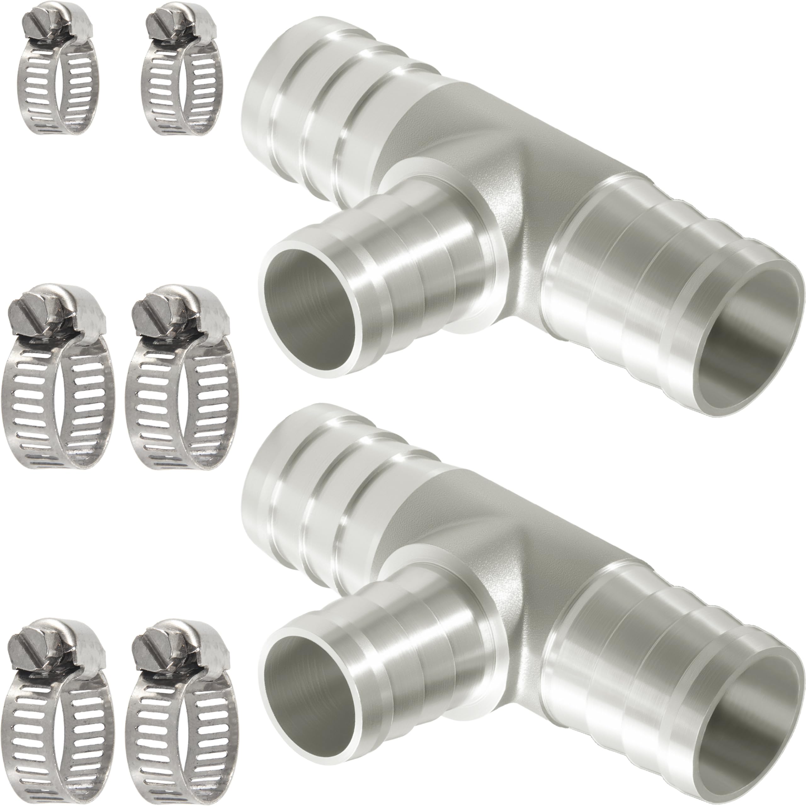 Nickel Plated Brass Reducing Tee Hose Barb, 5/16" X 1/4" X 5/16" ID, 3-Way Connector with Stainless Steel Clamp for Fuel, Coolant, Air & Vacuum Lines, Corrosion-Resistant (Pack of 2)