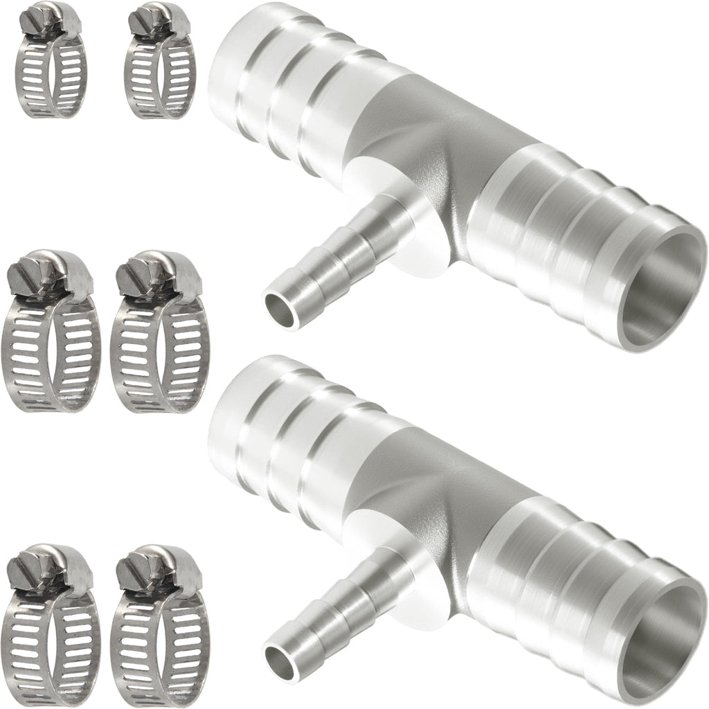 Nickel Plated Brass Reducing Tee Hose Barb, 5/16" X 1/4" X 5/16" ID, 3-Way Connector with Stainless Steel Clamp for Fuel, Coolant, Air & Vacuum Lines, Corrosion-Resistant (Pack of 2)