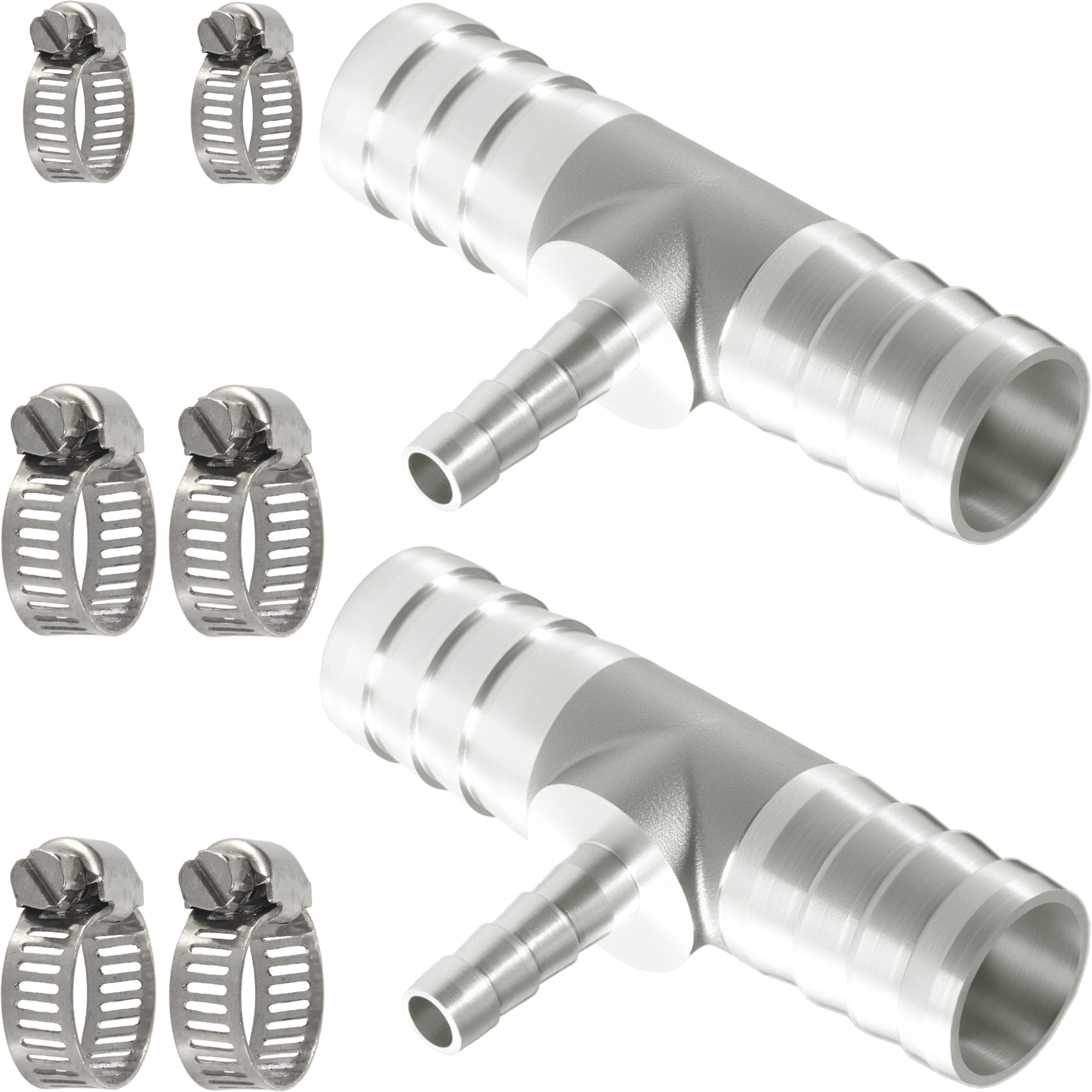 Nickel Plated Brass Reducing Tee Hose Barb, 5/16" X 1/4" X 5/16" ID, 3-Way Connector with Stainless Steel Clamp for Fuel, Coolant, Air & Vacuum Lines, Corrosion-Resistant (Pack of 2)