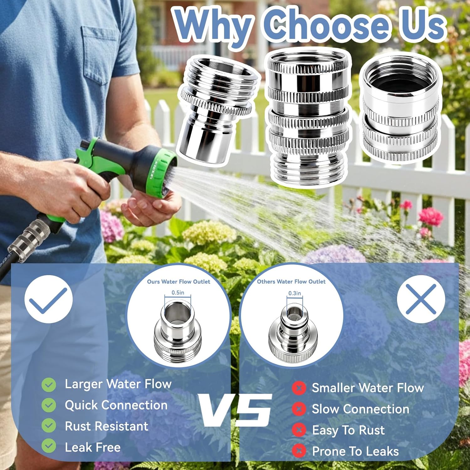 5 Pack Garden Hose Quick Release Connect Fittings, 1/2 to 3/4 Inch GHT Garden Hose Adapter, Stainless Steel Heavy Duty Water Hose Connector Fitting sets for Hoses and Sprayers