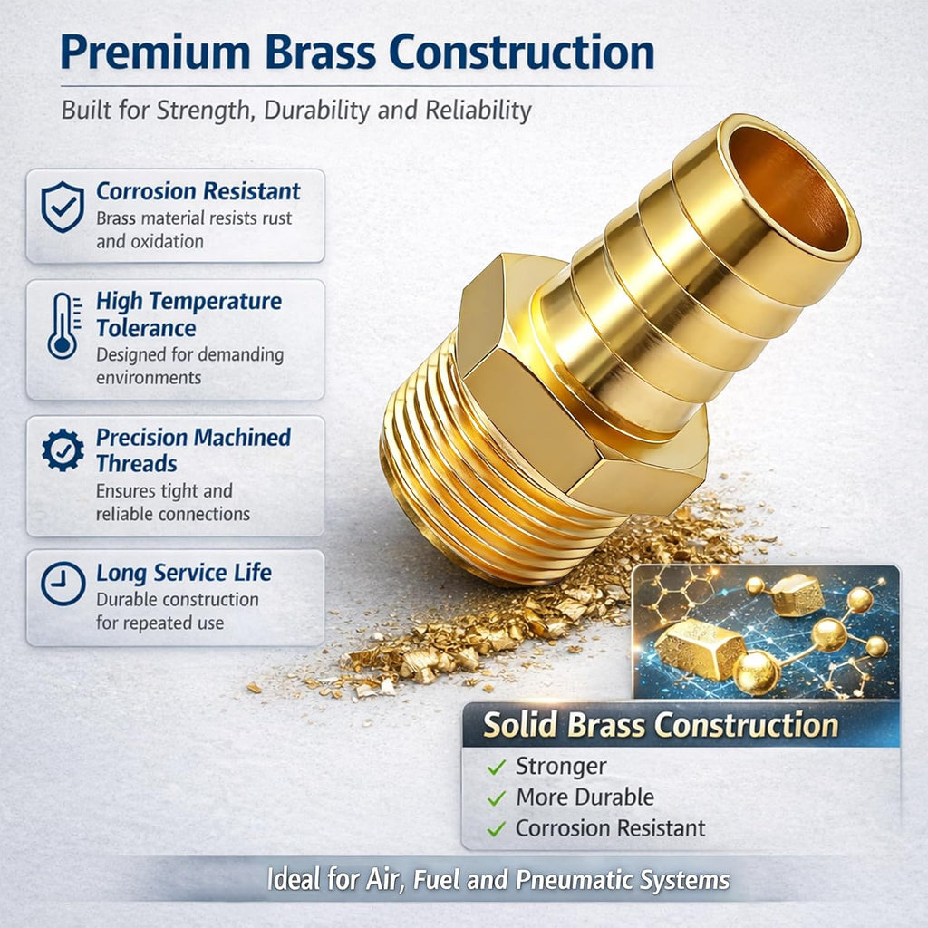 Brass Hose Barb Fitting, 1/8" Barb x 1/8" MNPT, 10-Pack, Male NPT to Hose Connector for Air, Fuel & Fluid Lines (1/8"ID to 1/8NPT)