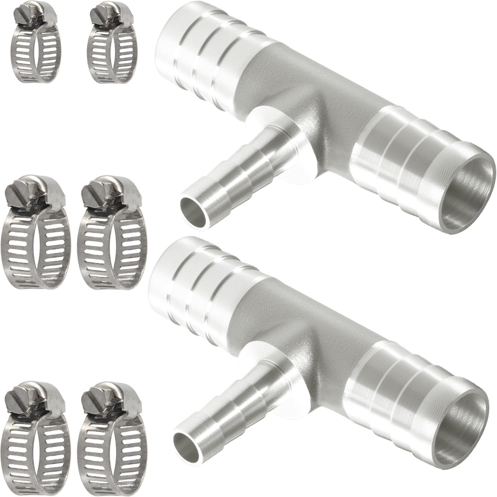 Nickel Plated Brass Reducing Tee Hose Barb, 5/16" X 1/4" X 5/16" ID, 3-Way Connector with Stainless Steel Clamp for Fuel, Coolant, Air & Vacuum Lines, Corrosion-Resistant (Pack of 2)