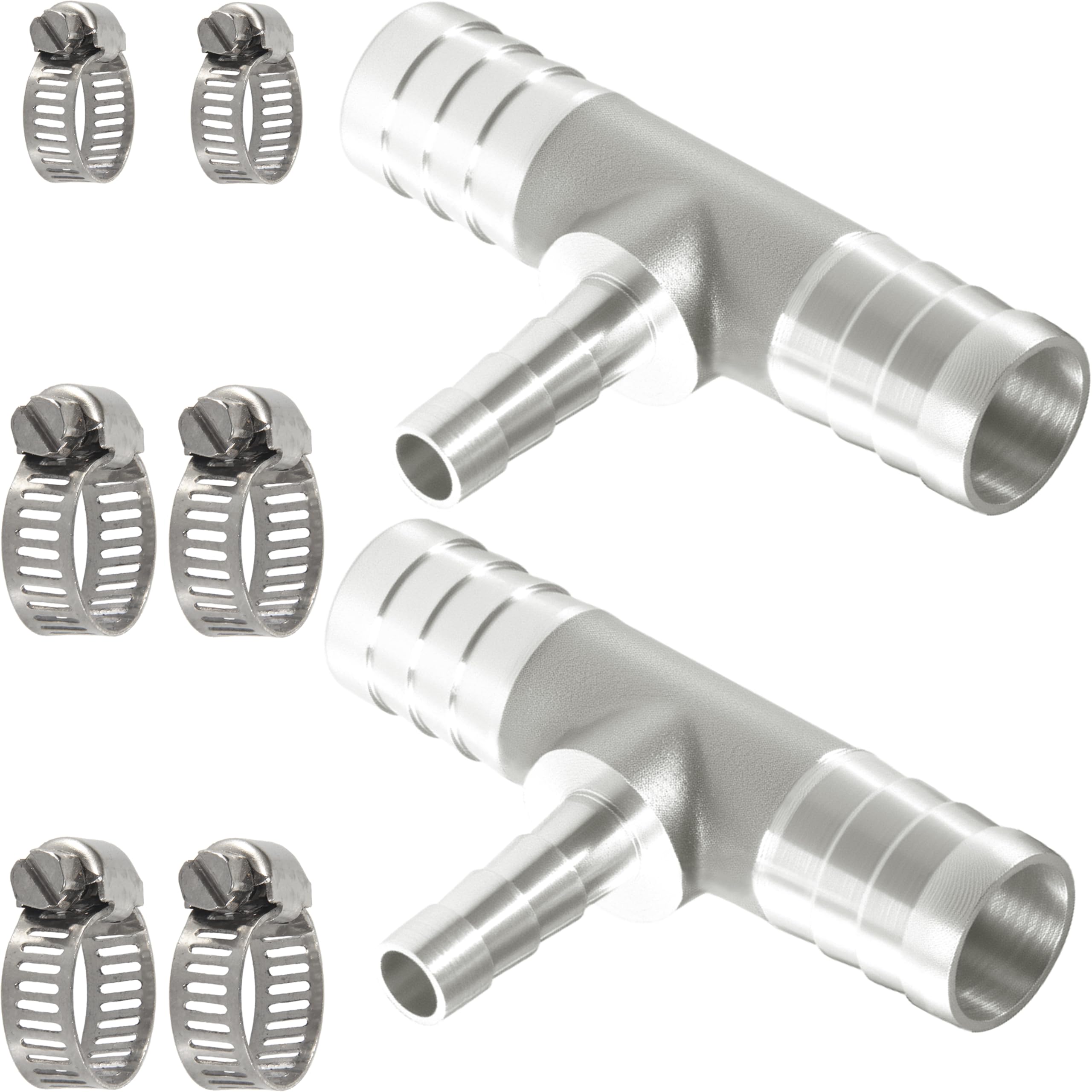 Nickel Plated Brass Reducing Tee Hose Barb, 5/16" X 1/4" X 5/16" ID, 3-Way Connector with Stainless Steel Clamp for Fuel, Coolant, Air & Vacuum Lines, Corrosion-Resistant (Pack of 2)