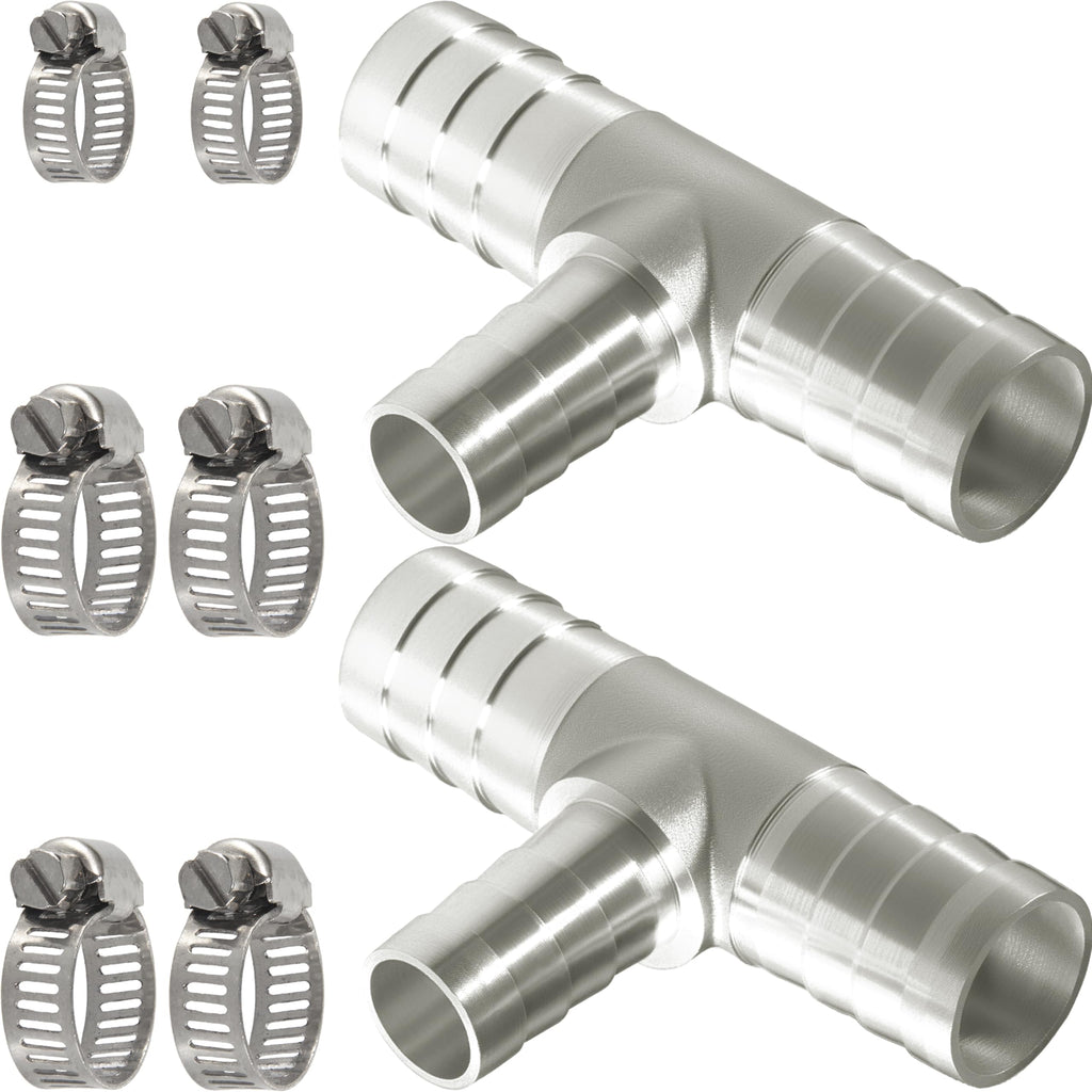 Nickel Plated Brass Reducing Tee Hose Barb, 5/16" X 1/4" X 5/16" ID, 3-Way Connector with Stainless Steel Clamp for Fuel, Coolant, Air & Vacuum Lines, Corrosion-Resistant (Pack of 2)
