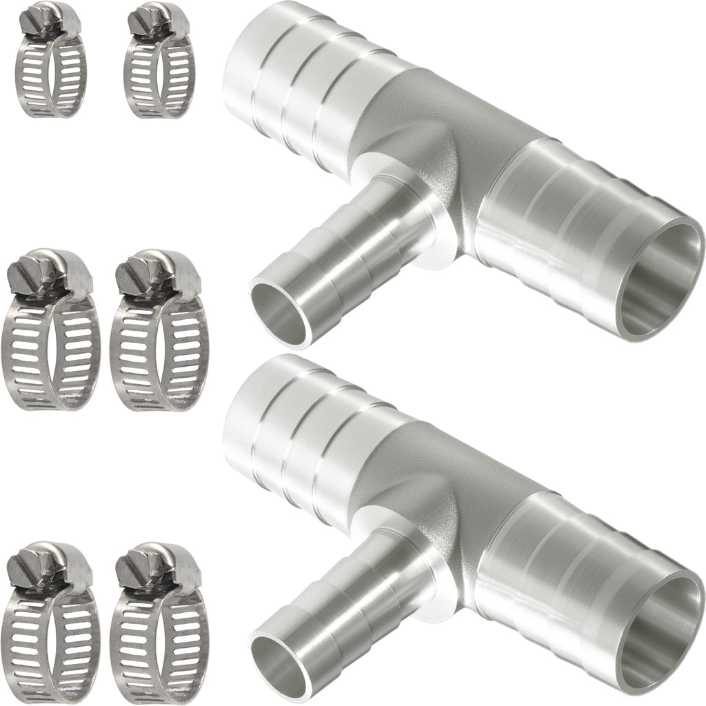Nickel Plated Brass Reducing Tee Hose Barb, 5/16" X 1/4" X 5/16" ID, 3-Way Connector with Stainless Steel Clamp for Fuel, Coolant, Air & Vacuum Lines, Corrosion-Resistant (Pack of 2)