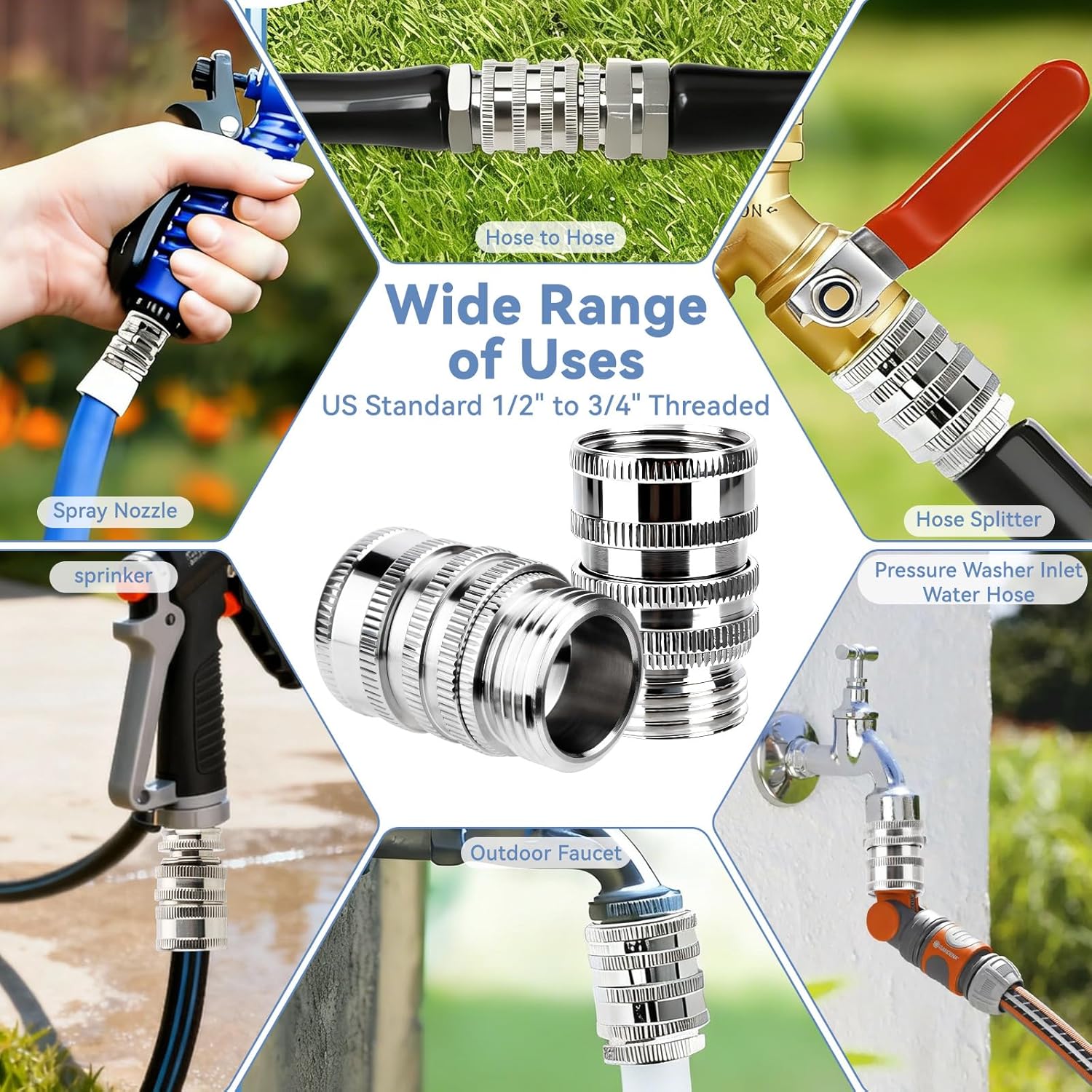 5 Pack Garden Hose Quick Release Connect Fittings, 1/2 to 3/4 Inch GHT Garden Hose Adapter, Stainless Steel Heavy Duty Water Hose Connector Fitting sets for Hoses and Sprayers