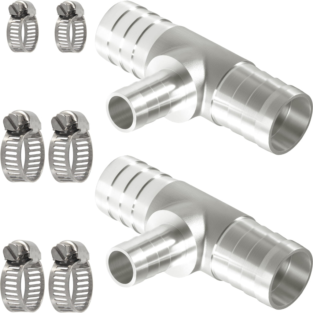 Nickel Plated Brass Reducing Tee Hose Barb, 5/16" X 1/4" X 5/16" ID, 3-Way Connector with Stainless Steel Clamp for Fuel, Coolant, Air & Vacuum Lines, Corrosion-Resistant (Pack of 2)