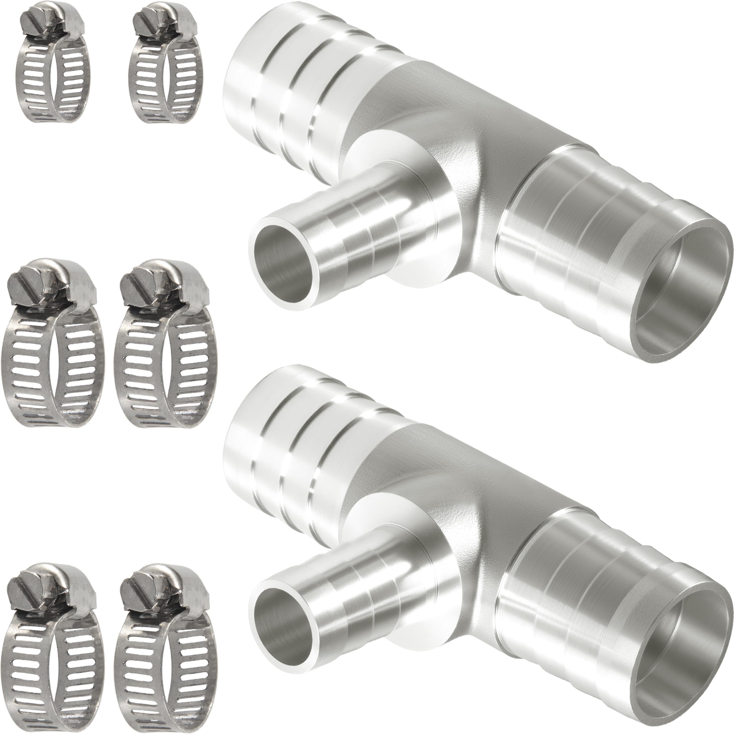 Nickel Plated Brass Reducing Tee Hose Barb, 5/16" X 1/4" X 5/16" ID, 3-Way Connector with Stainless Steel Clamp for Fuel, Coolant, Air & Vacuum Lines, Corrosion-Resistant (Pack of 2)